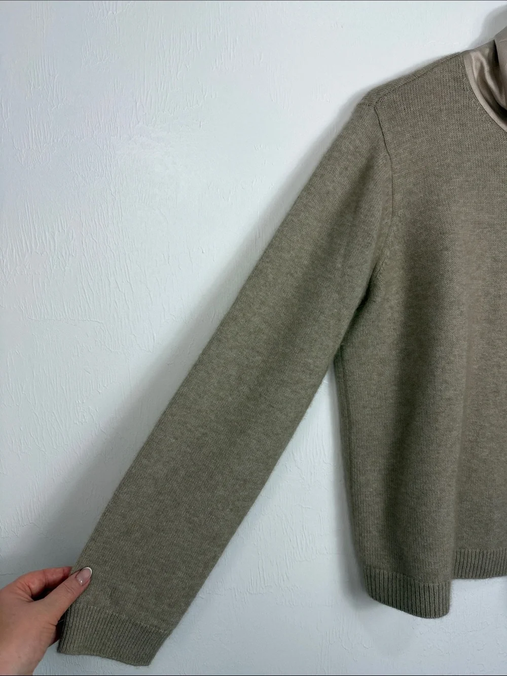 Tory Burch XL Wool Fur Blend Sweater Silk Scarf Neck Beige Long Sleeve